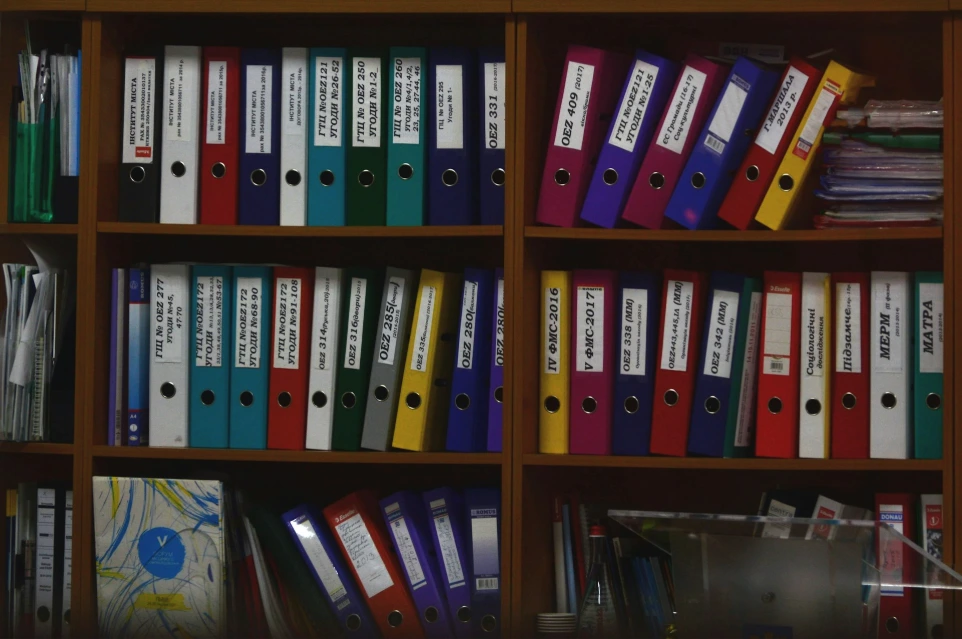 Rows of colorful ring binders organized on wooden shelves in an office